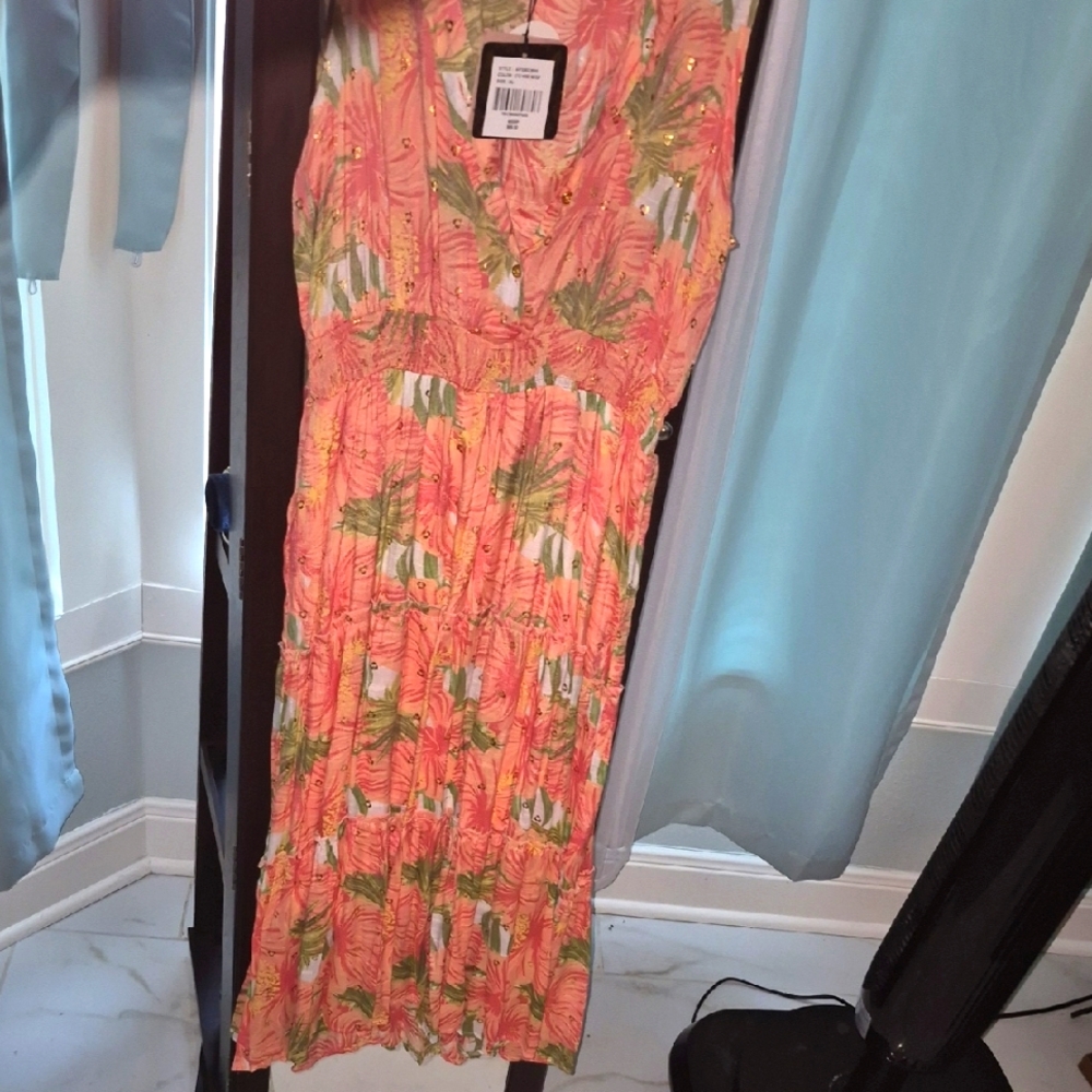 Vibrant Coral and Green Maxi Dress